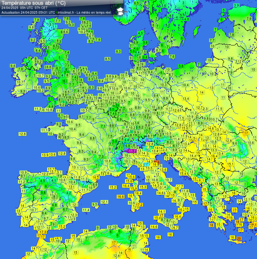 Actuele temperatuur in Europa