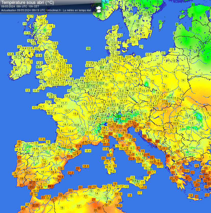 Actuele temperatuur in Europa